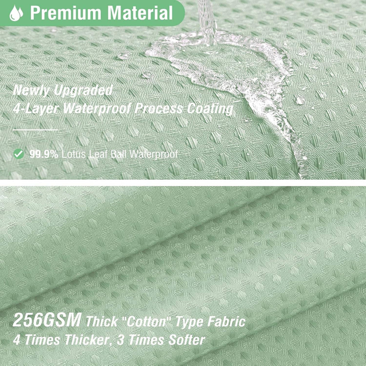 Mint green waffle-weave shower curtain with water-beading coating texture close-up