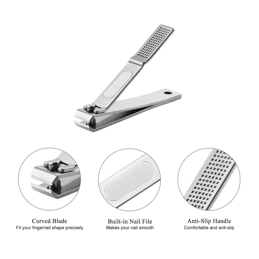 Nail clipper with curved blade, built-in nail file, and anti-slip handle