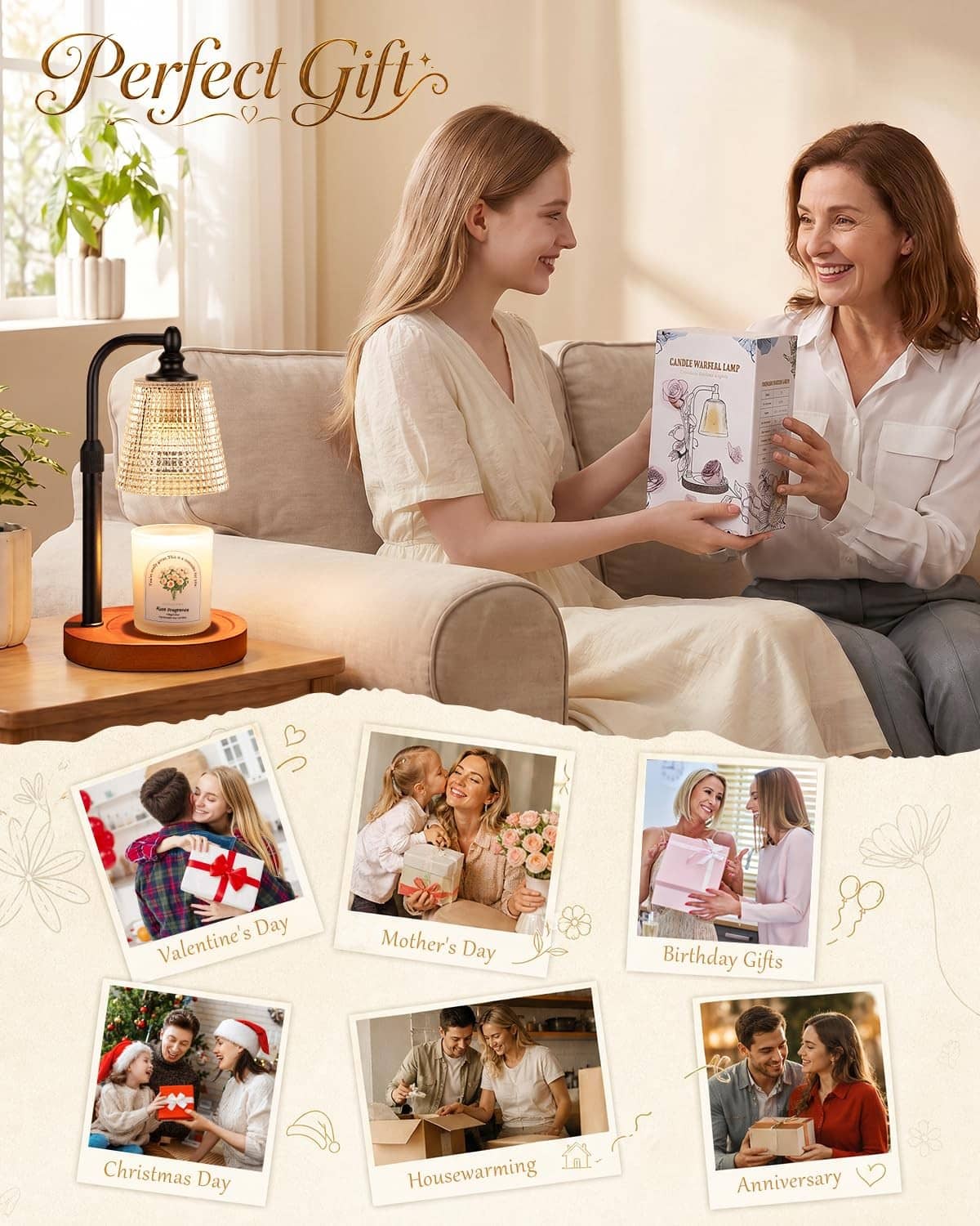 Candle warmer lamp on walnut base next to gift-themed photo cards
