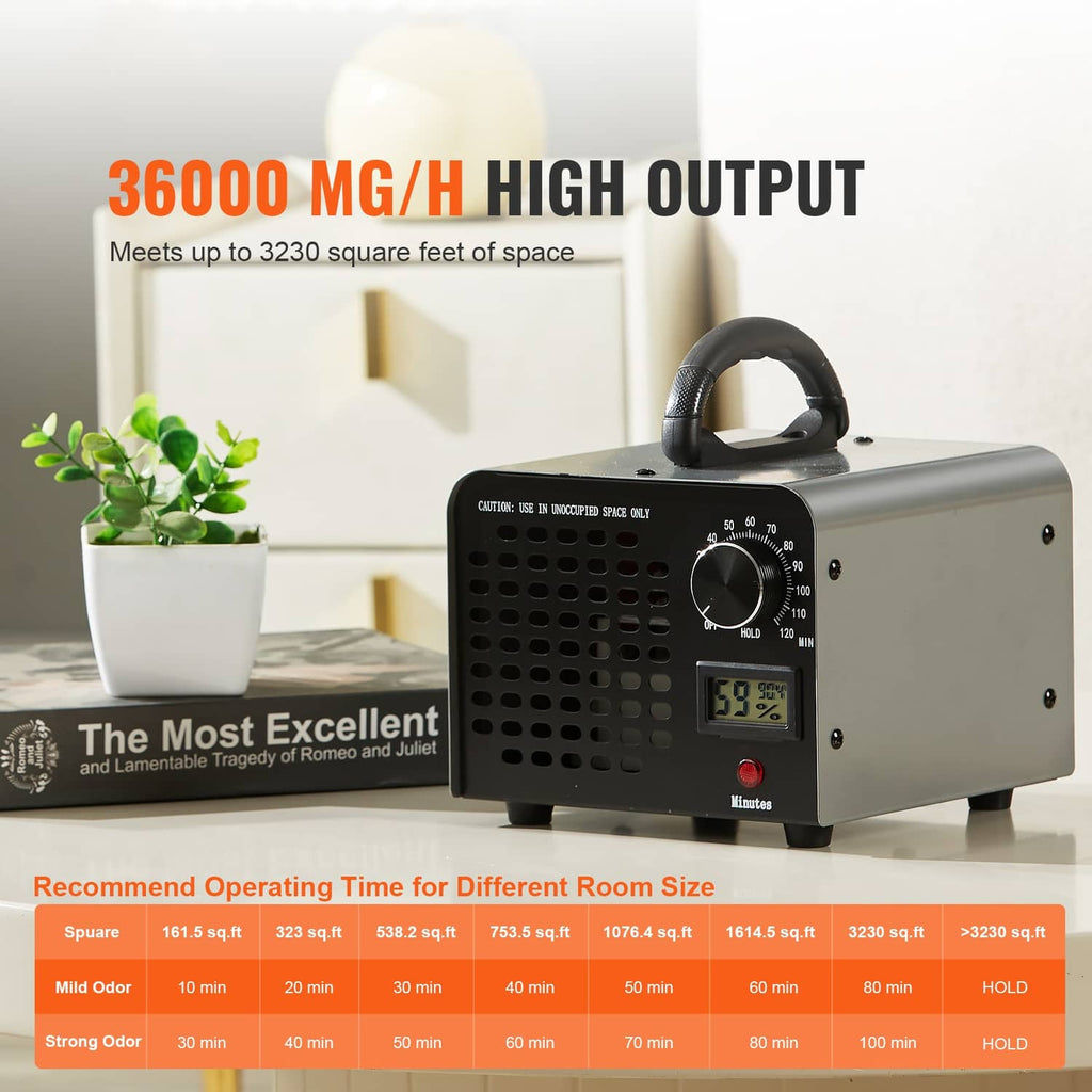 Gray ozone generator air purifier with handle, control knob, vents, and humidity display screen.