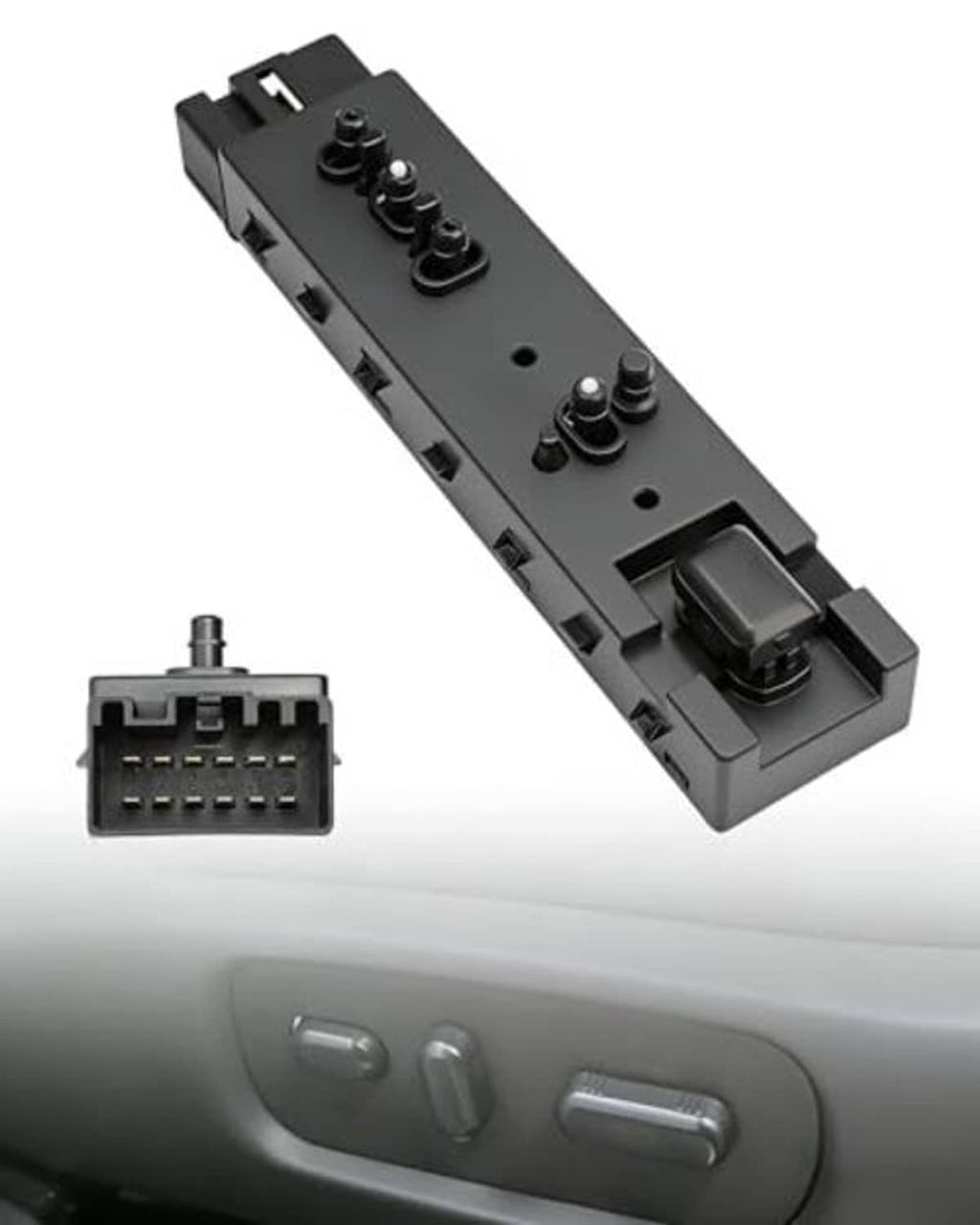 Front right seat power adjustment switch shown with connector plug and buttons