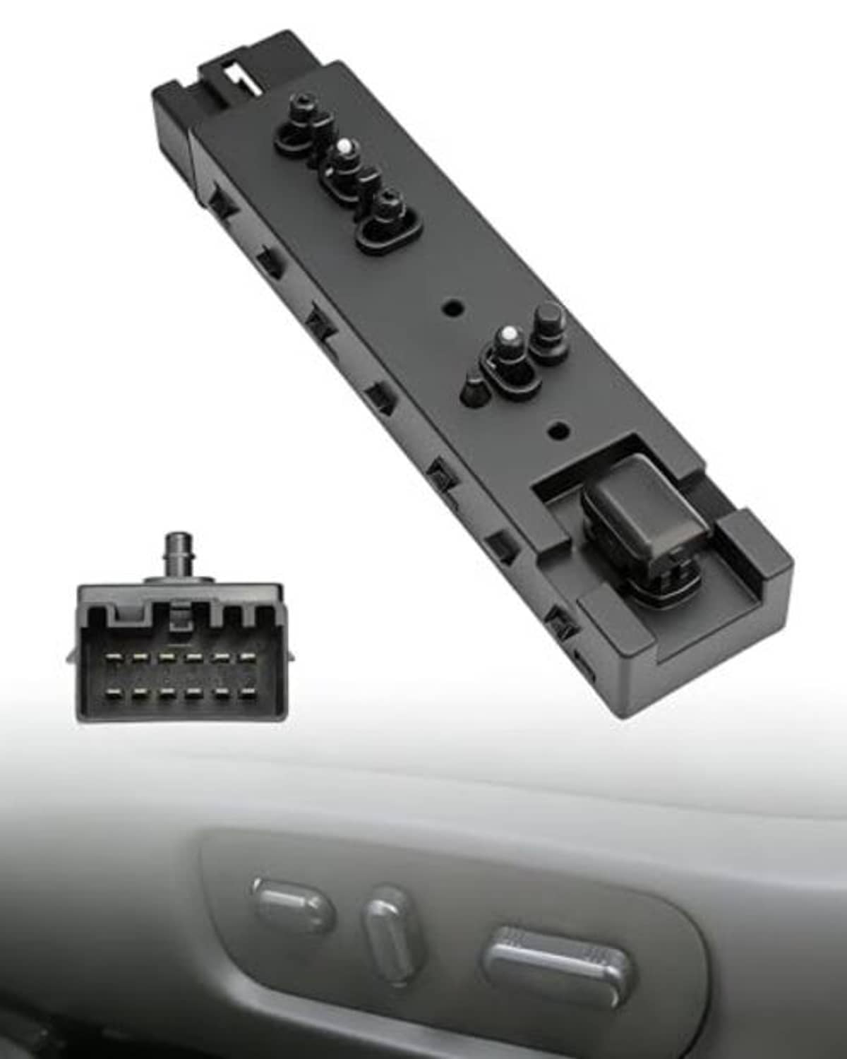 Front right seat power adjustment switch shown with connector plug and buttons