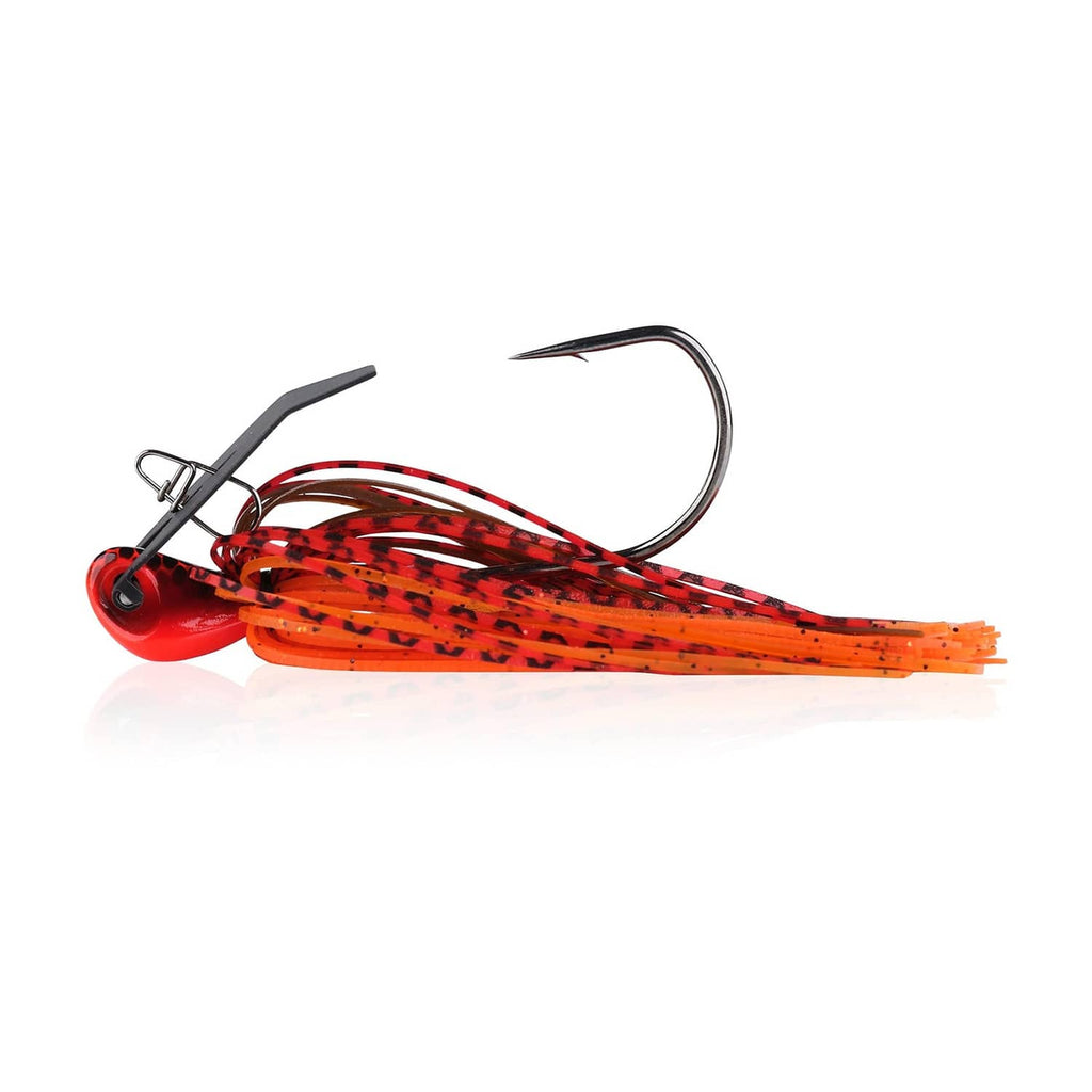 Red and orange bladed fishing jig with skirt and curved hook, fire craw pattern