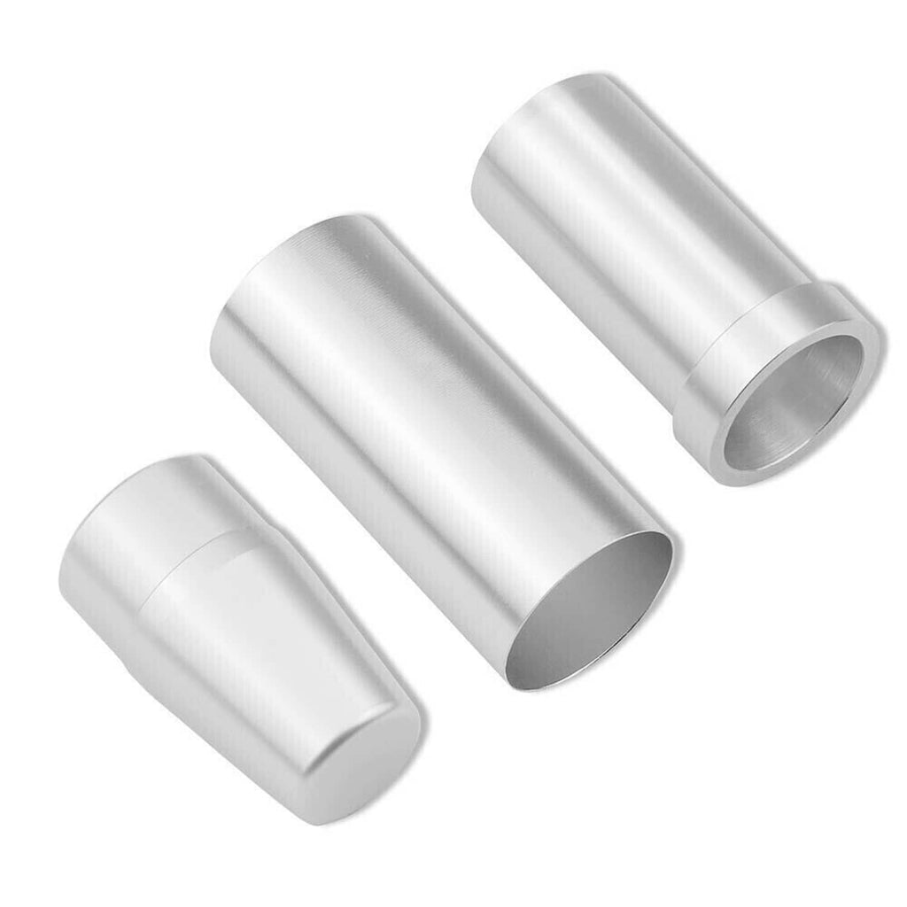 Set of three silver cylindrical metal sleeves for installing teflon seals