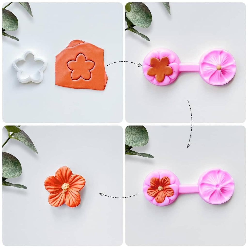 Flower petal polymer clay cutter steps showing orange and pink flower shapes