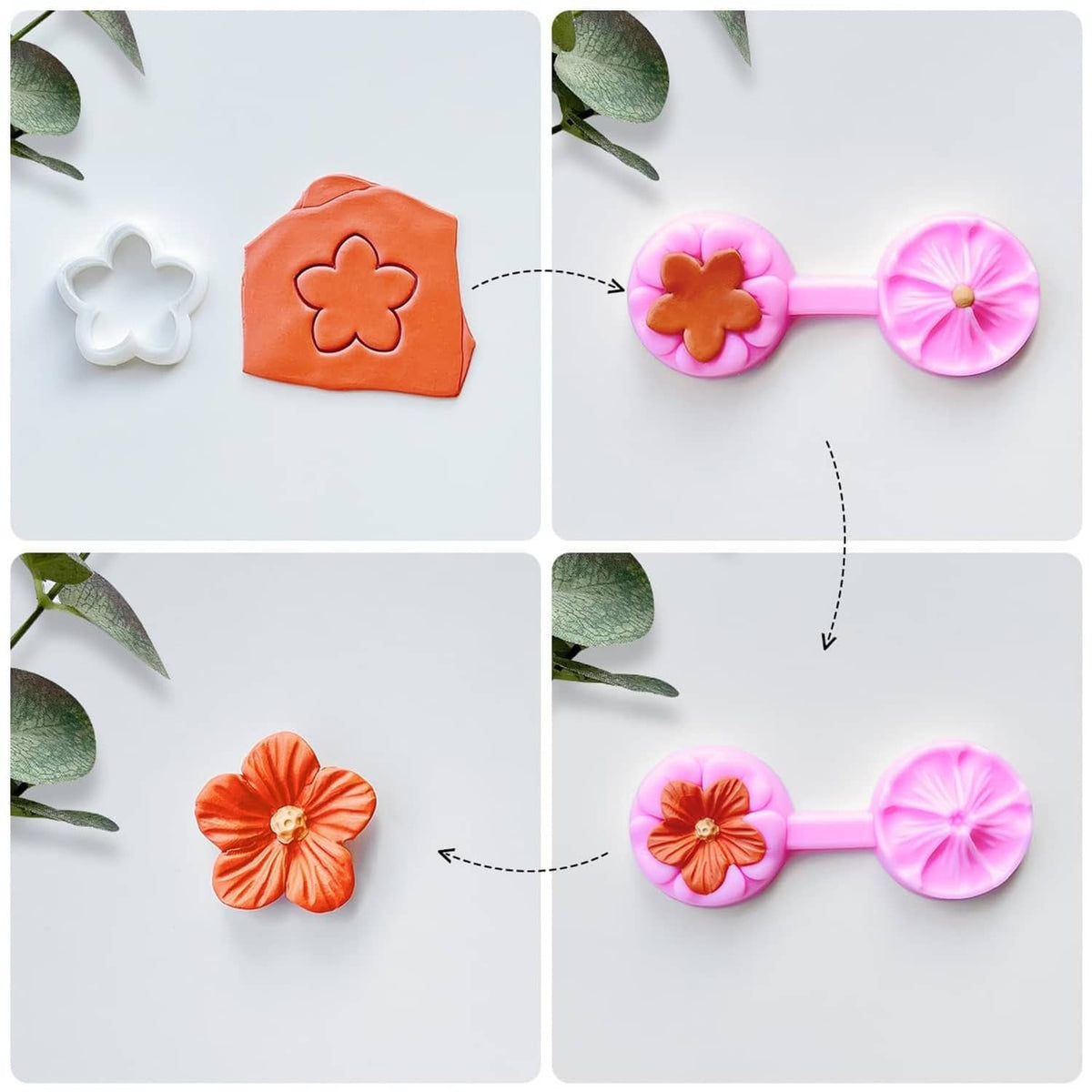 Flower petal polymer clay cutter steps showing orange and pink flower shapes
