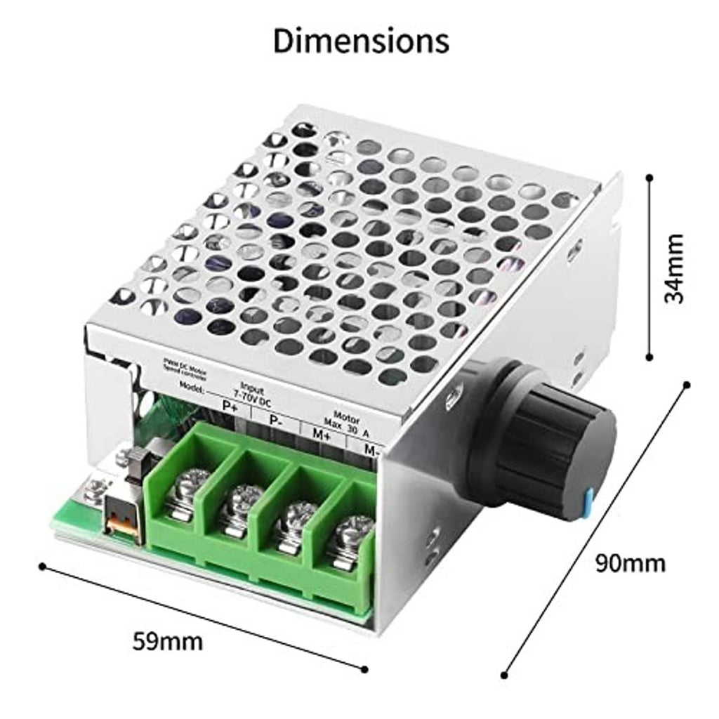 DC motor PWM speed controller with labeled dimensions and vented heatsink housing