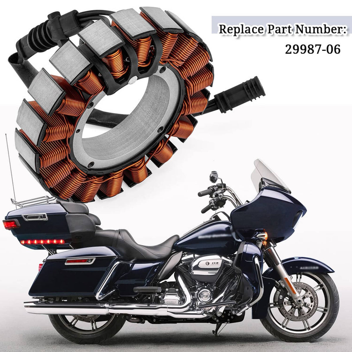3-phase generator stator coil with gray magnetic core, orange windings, and black connector wires