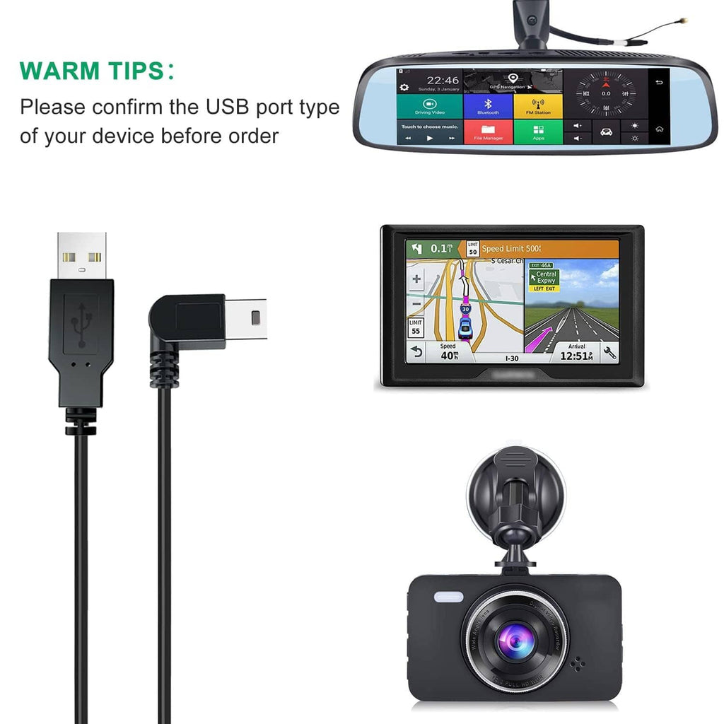 Dash cam charging power cord with USB-A to mini USB plugs, coiled black cable, 11.5 ft