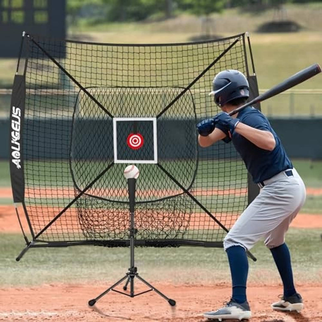 Baseball pitching practice net with center target square and tripod frame