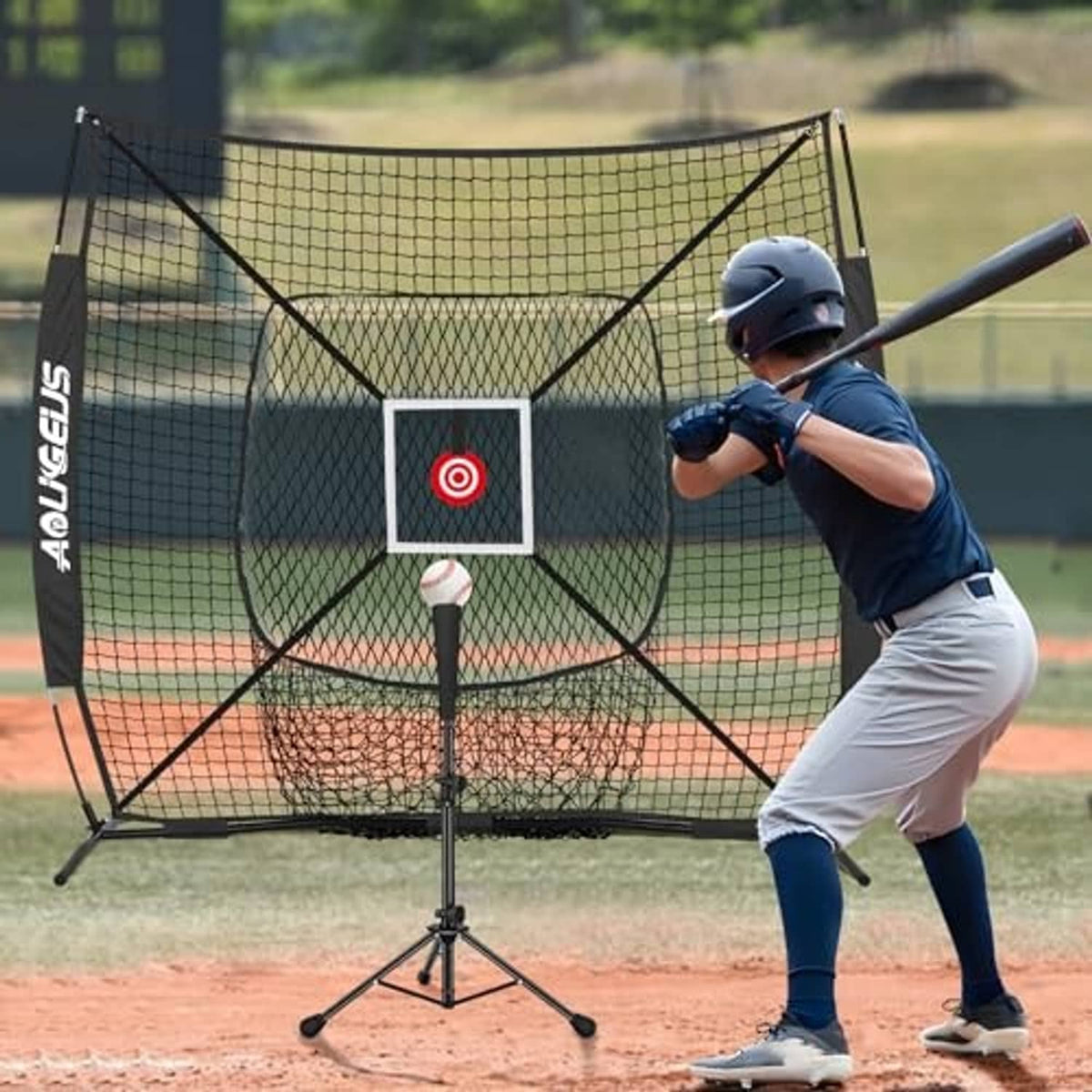 Baseball pitching practice net with center target square and tripod frame