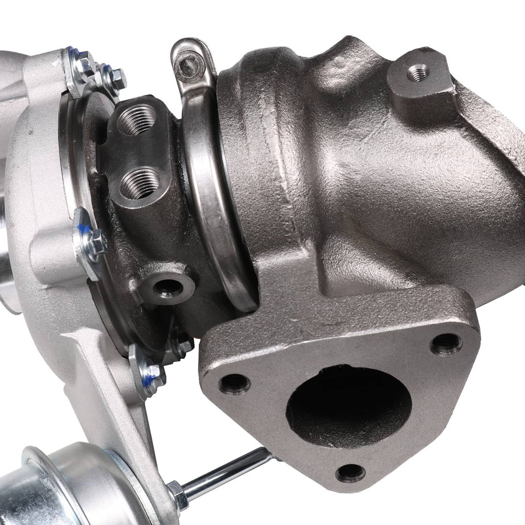 Close-up of turbocharger cast housing with mounting bolts and inlet flange