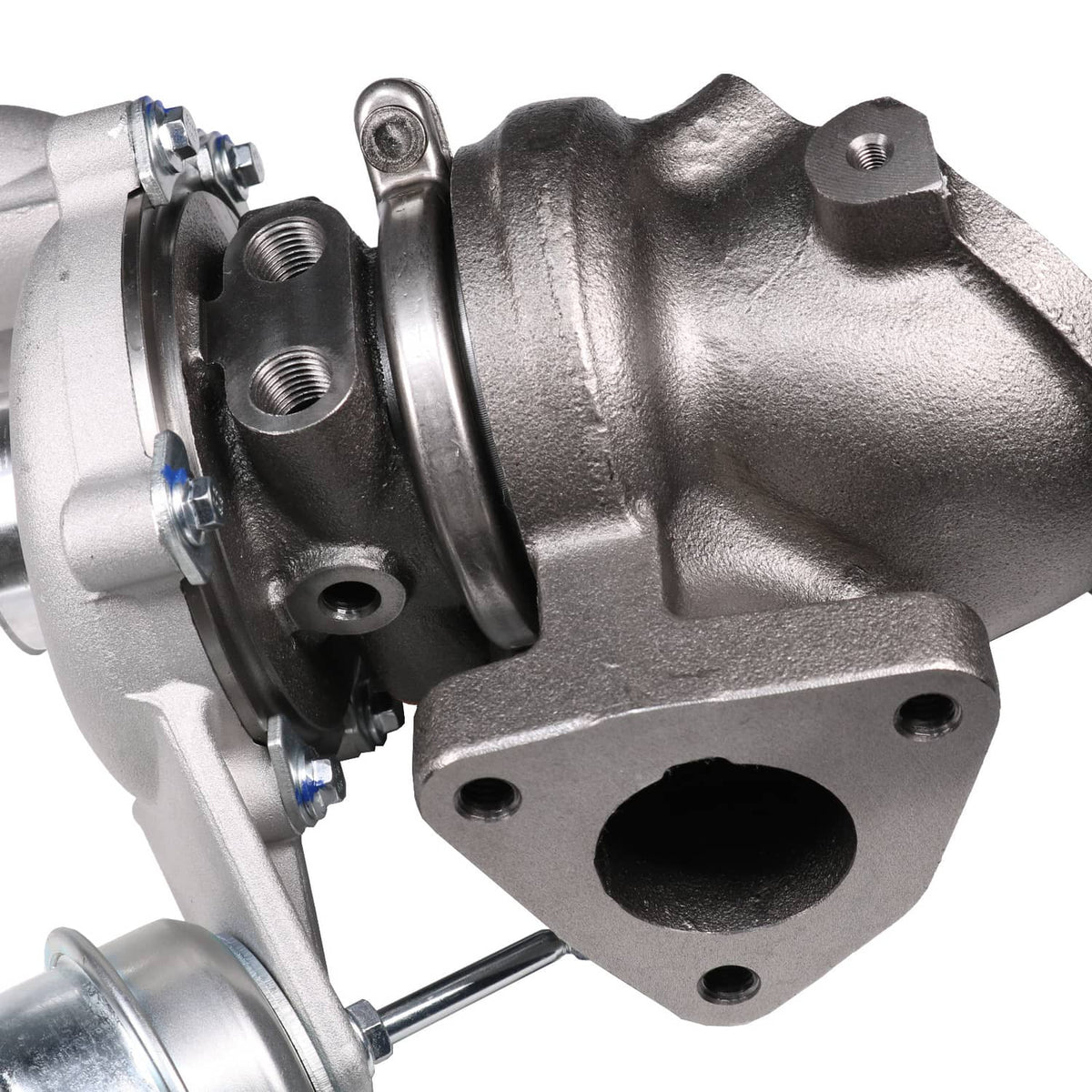 Close-up of turbocharger cast housing with mounting bolts and inlet flange