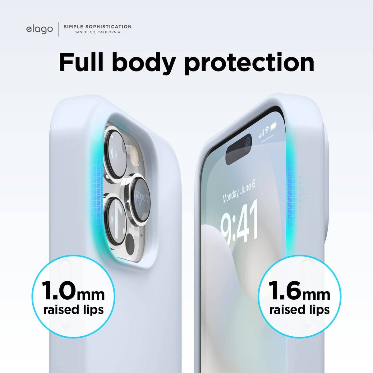 Light blue silicone case with 1.0mm and 1.6mm raised lip protection on corners