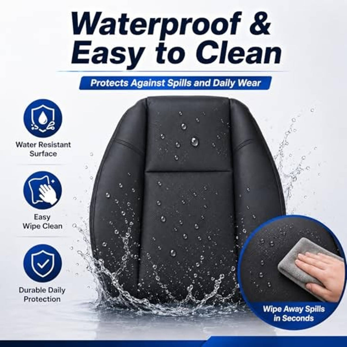 Black leather-look seat cover with water droplets on the back panel
