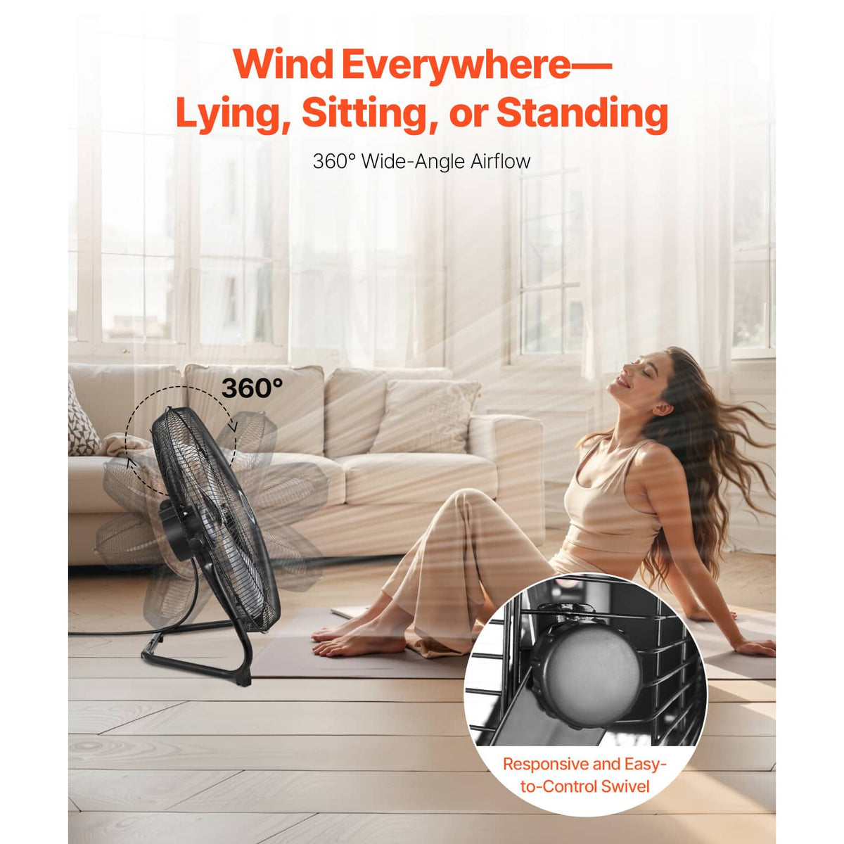 Black floor fan with 360-degree oscillation base and protective wire grille
