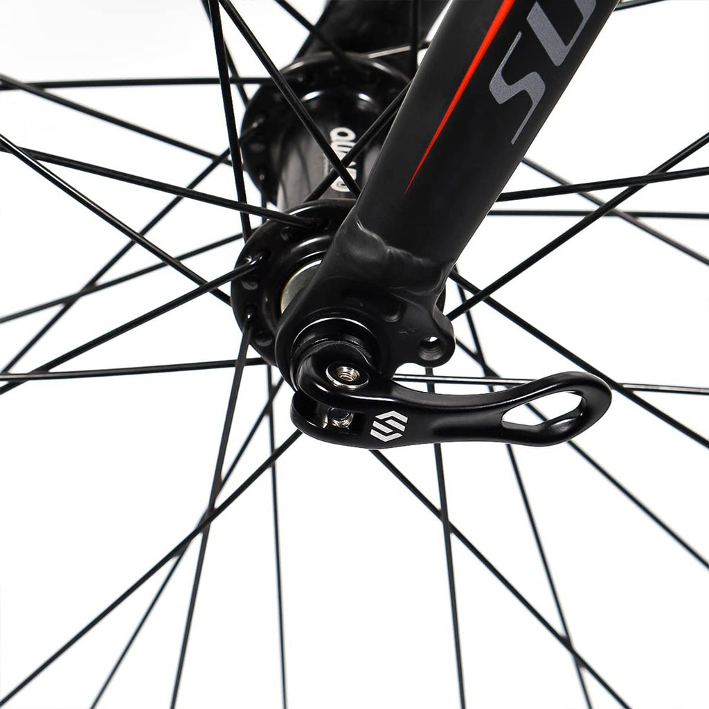 Black quick release skewer lever on wheel hub with axle mounting hardware