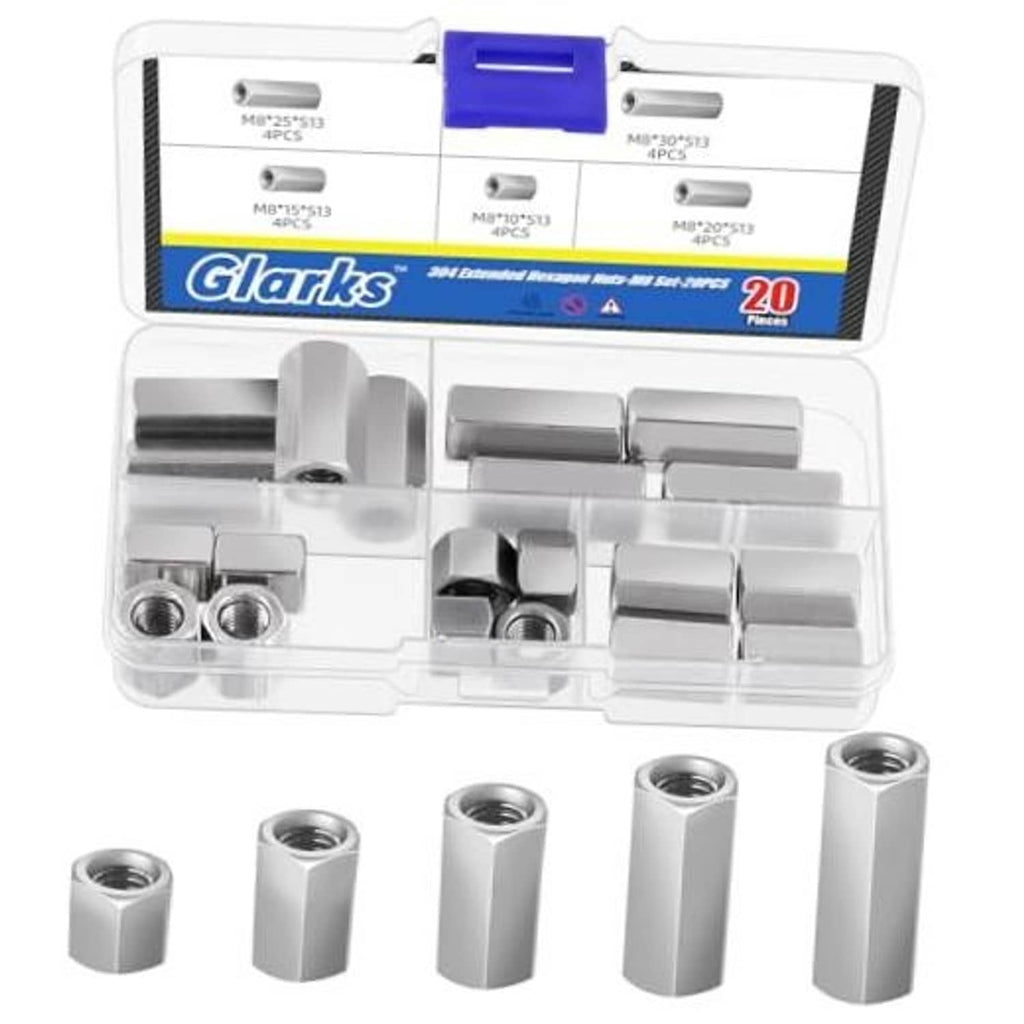 Set of 304 stainless steel extended hex coupling nuts in a clear plastic organizer