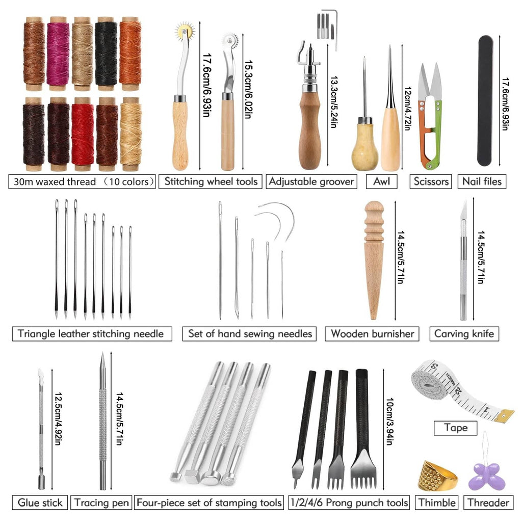 Leather craft tool set layout: wax thread spools, awl, scissors, stitching wheels and needles