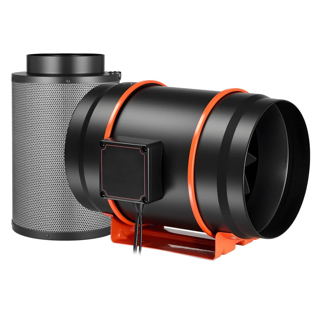 Inline duct fan with orange accent ring and mesh filter canister