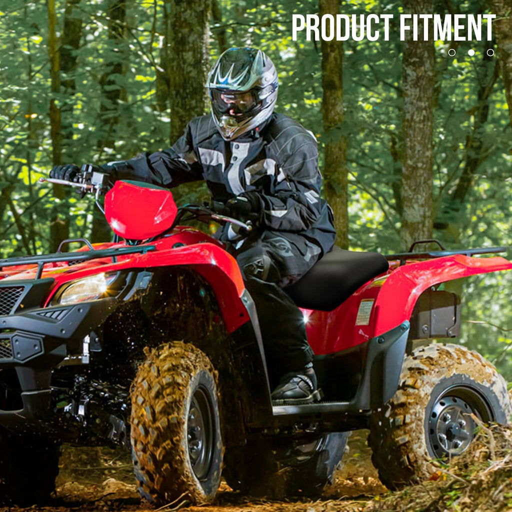 Black ATV seat on all-terrain quad, contoured rider position with rear handle opening