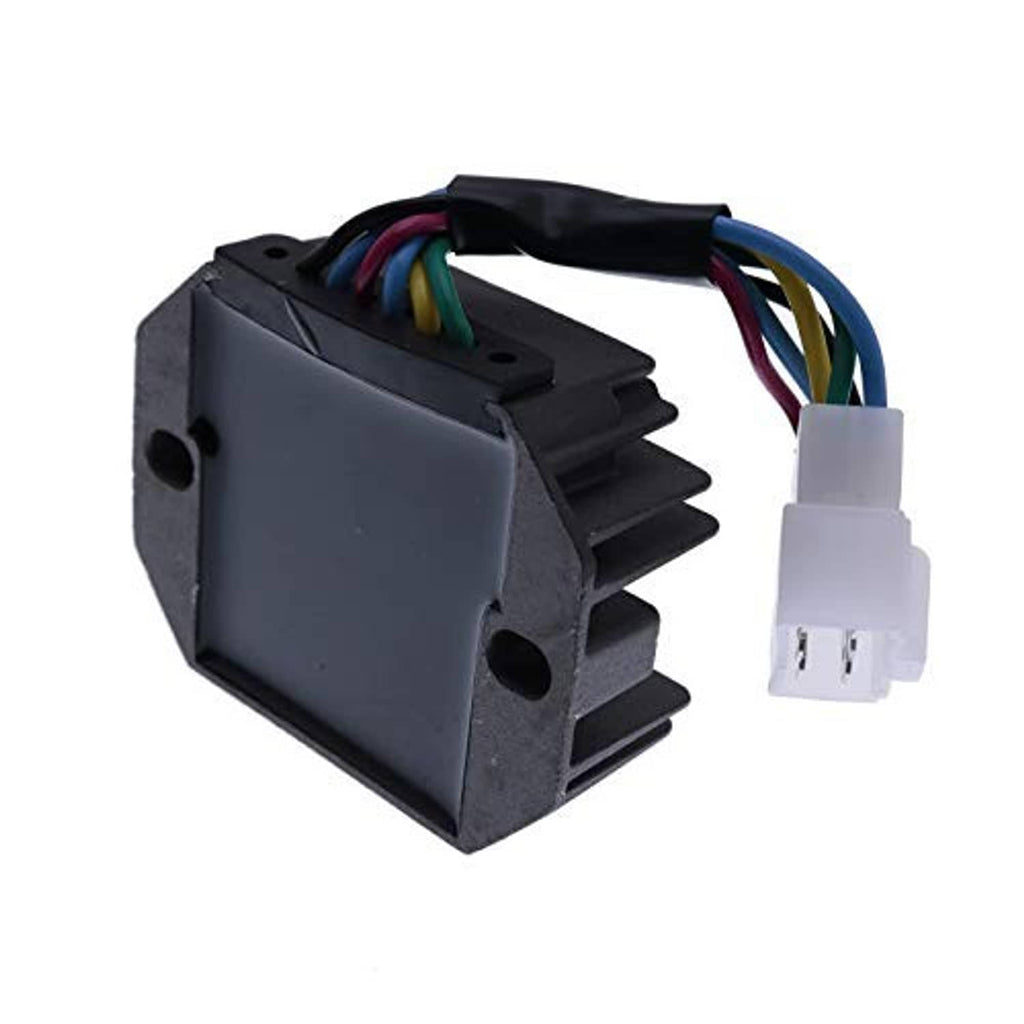 Voltage regulator rectifier module with textured black case, finned heatsink, and white connector