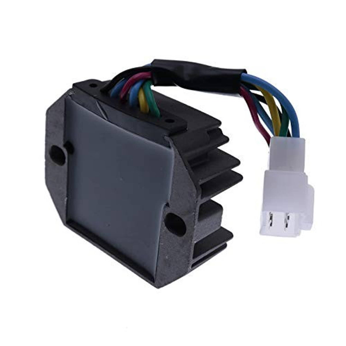 Voltage regulator rectifier module with textured black case, finned heatsink, and white connector