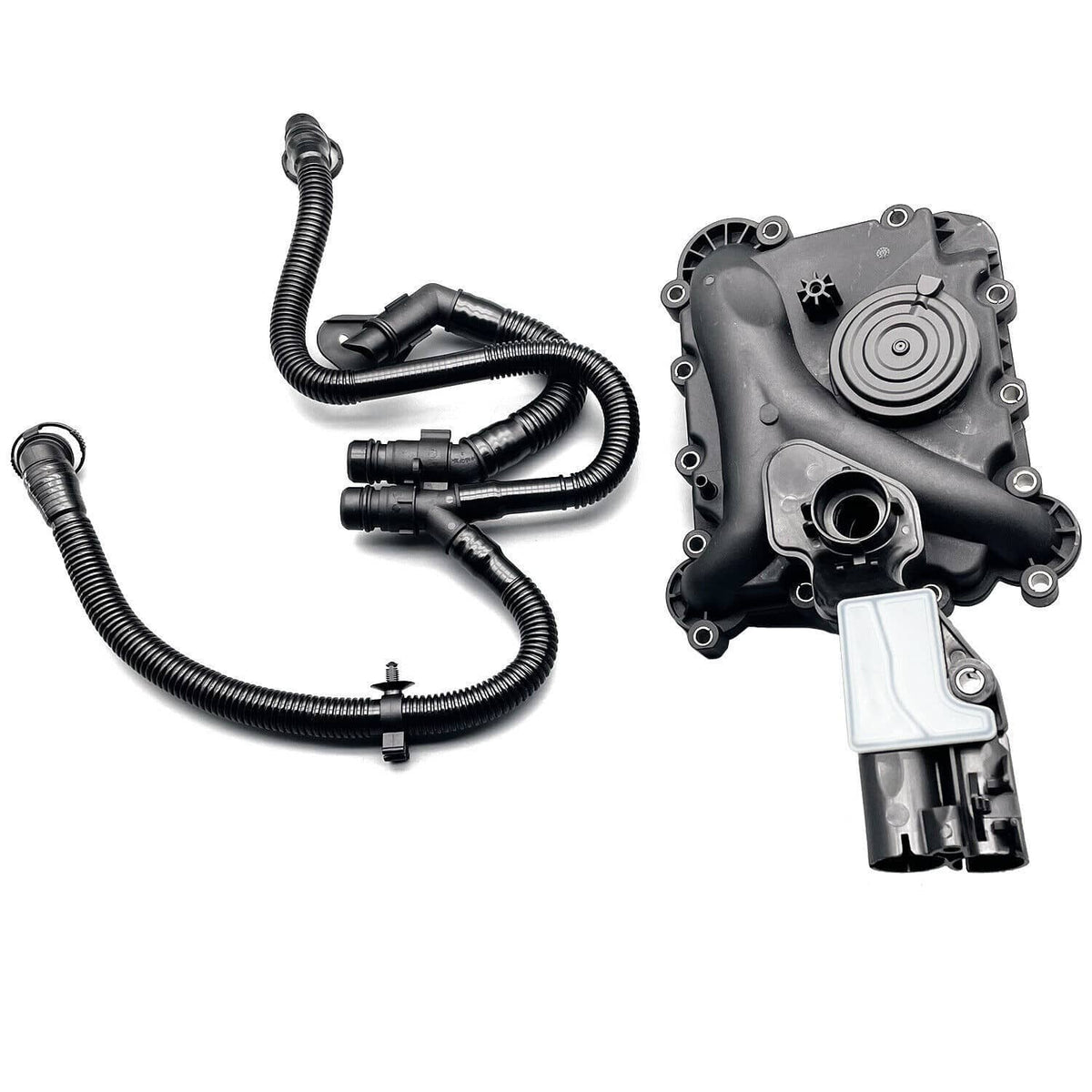 PCV oil separator assembly with black hoses and mounted cover with ports