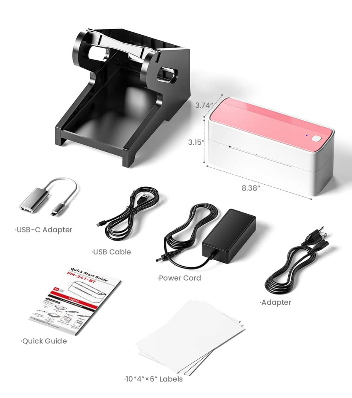 Compact thermal label printer with pink top, open base, and included USB accessories
