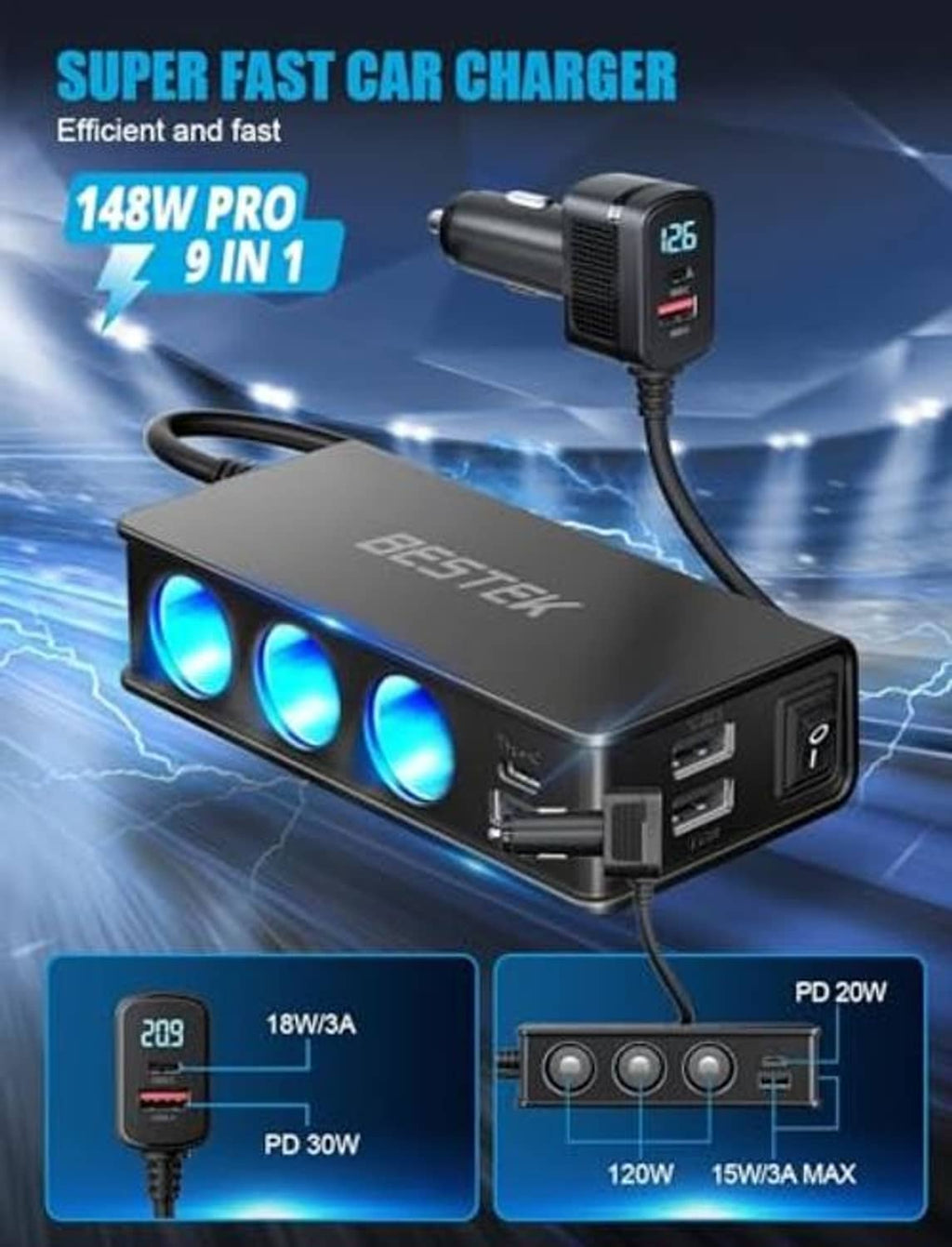 Black car charger splitter with blue LED circles, USB ports, and mounted cable