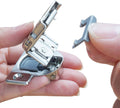 Metal 86-degree angle restrictor clip with hinge hardware, held in a hand