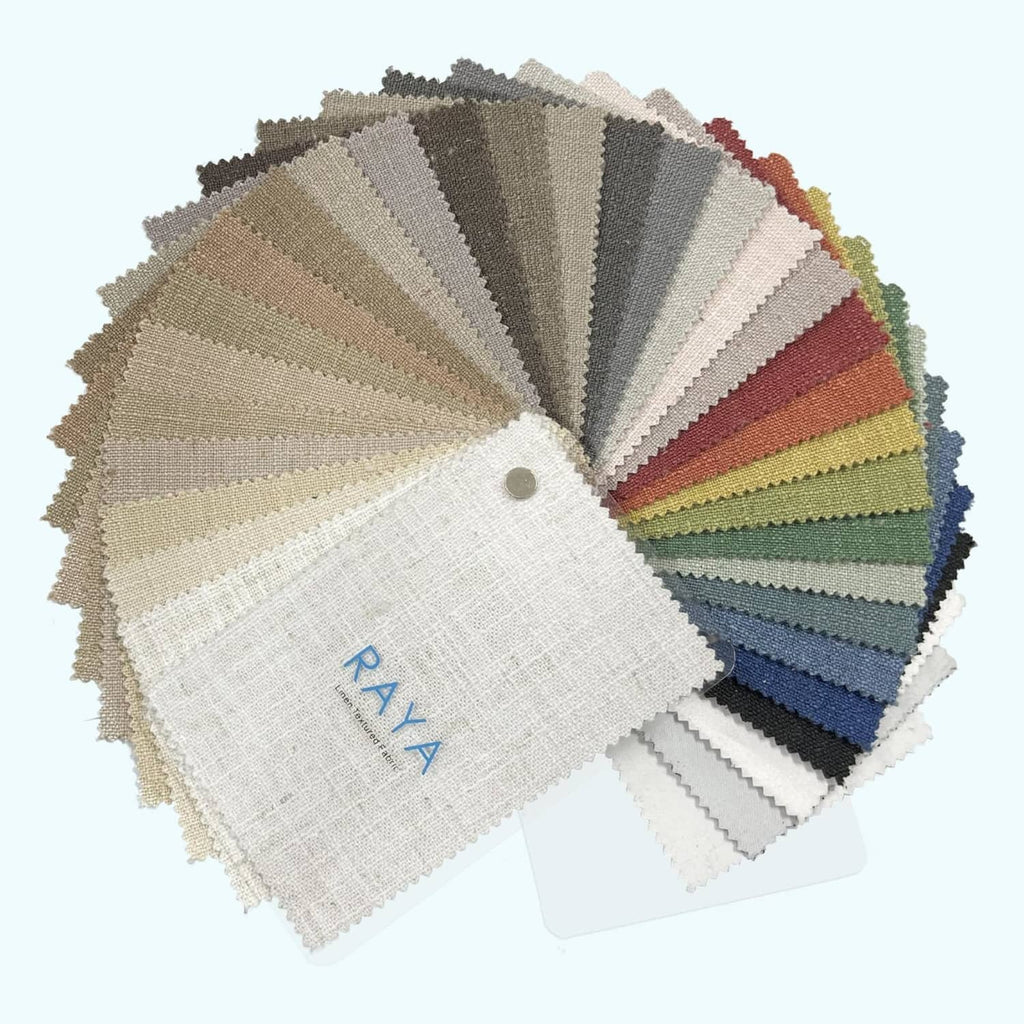Linen-blend curtain fabric swatch set with multicolor samples, brand RAYA on one swatch