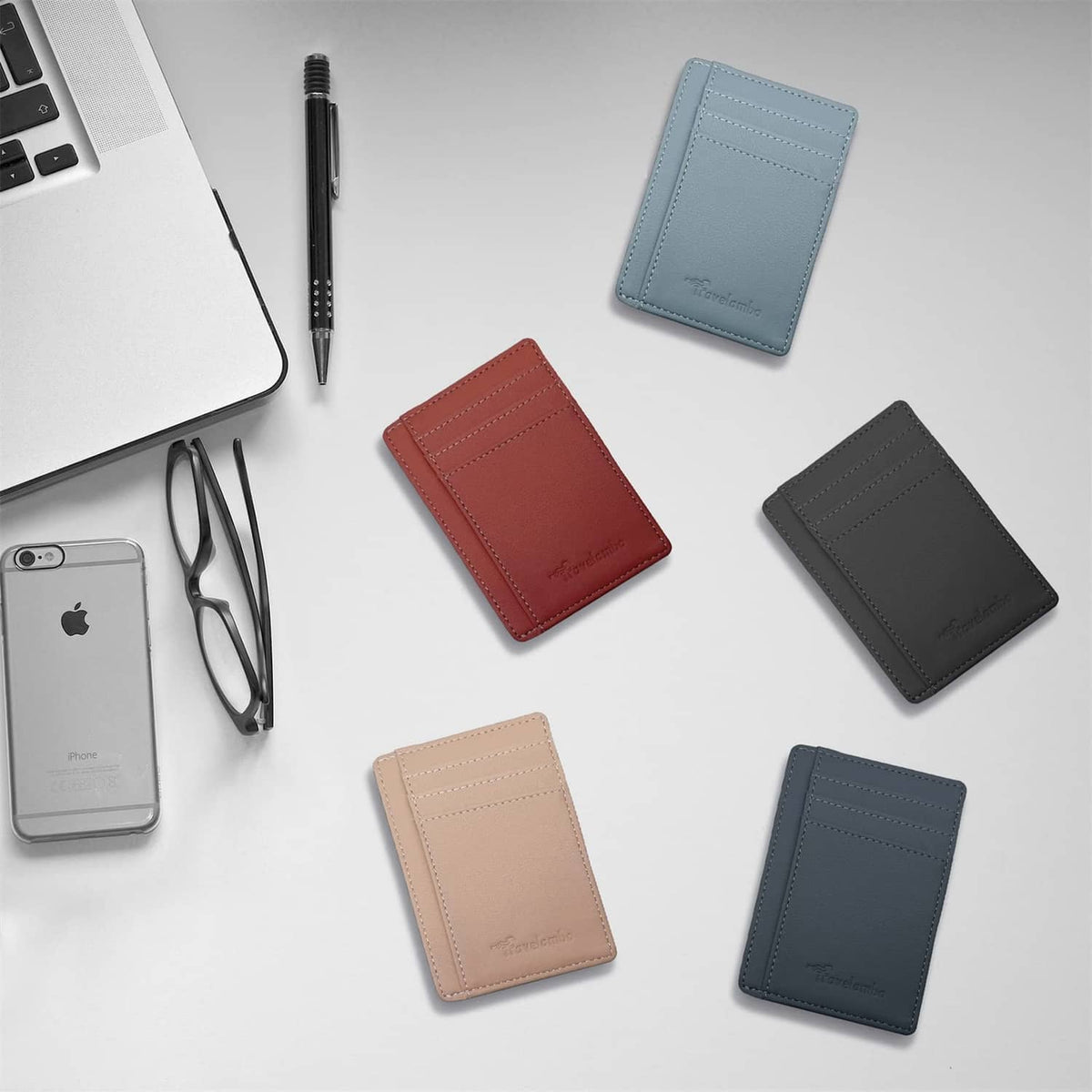Slim leather wallets in multiple colors with front card slots and Travelambo logo