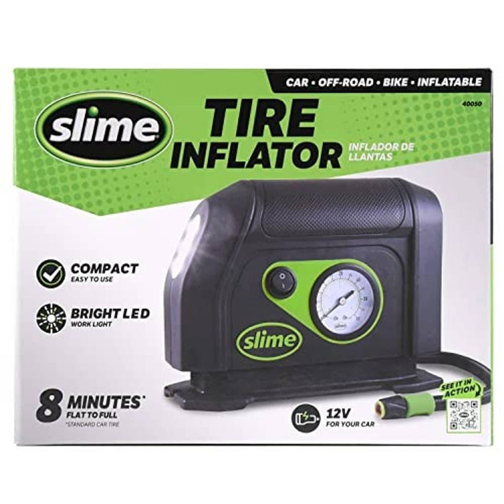 Tire inflator retail box with bright LED light and analog gauge for 12V use