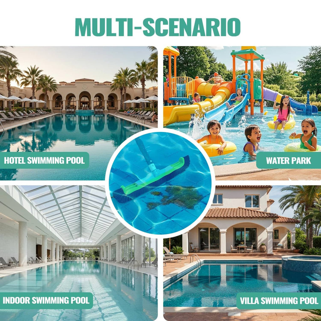Pool brush head graphic with multi-scenario pool icons for wall and pool cleaning.
