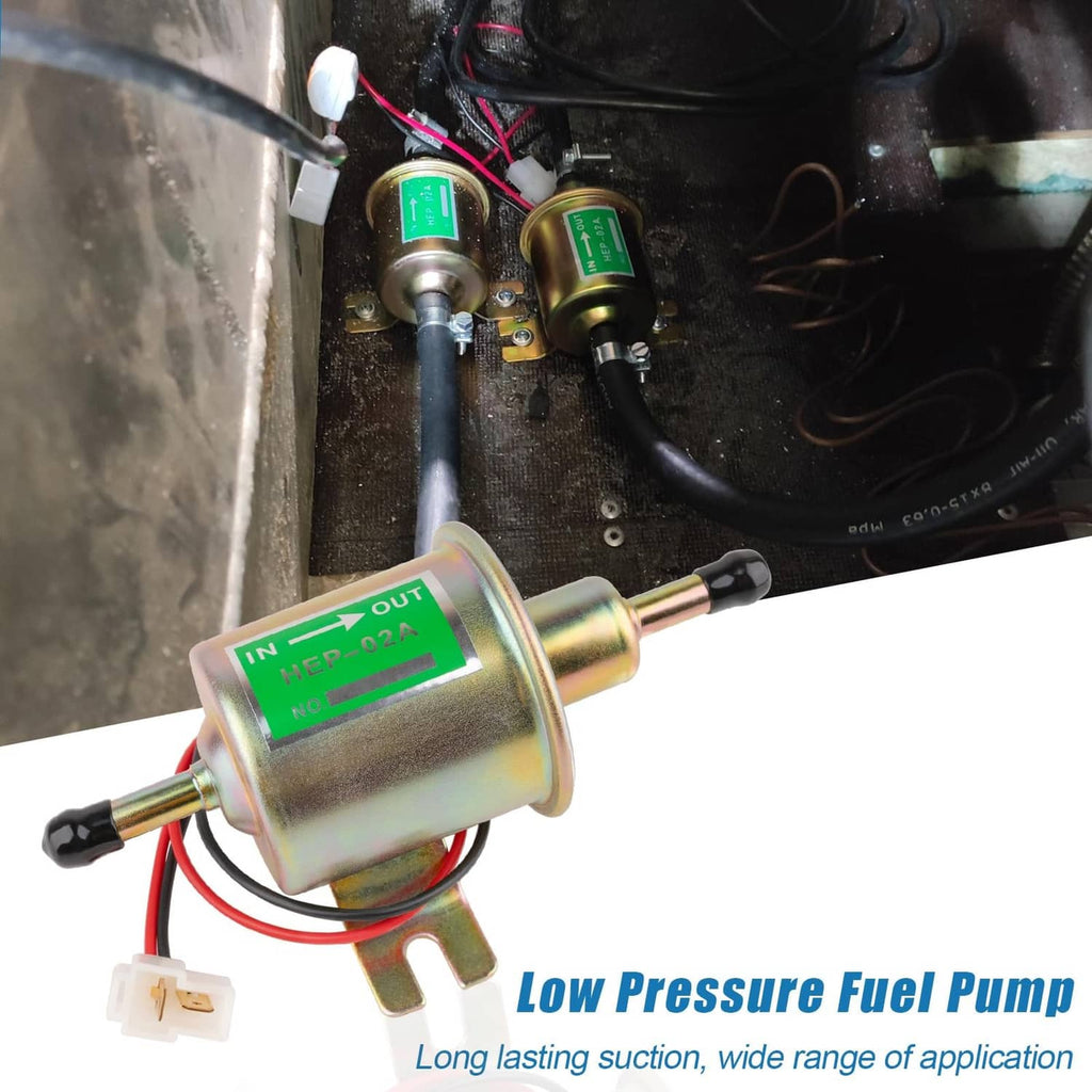12V low-pressure electric fuel transfer pump installed with fuel lines and wiring