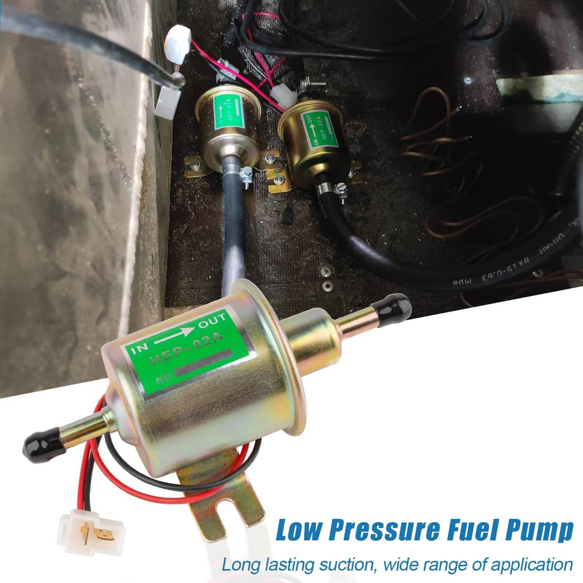 12V low-pressure electric fuel transfer pump installed with fuel lines and wiring
