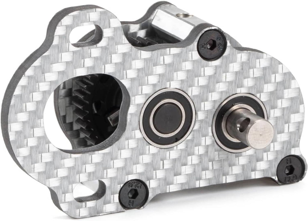 Carbon fiber portal transmission gearbox top view with bearing housings and side mount