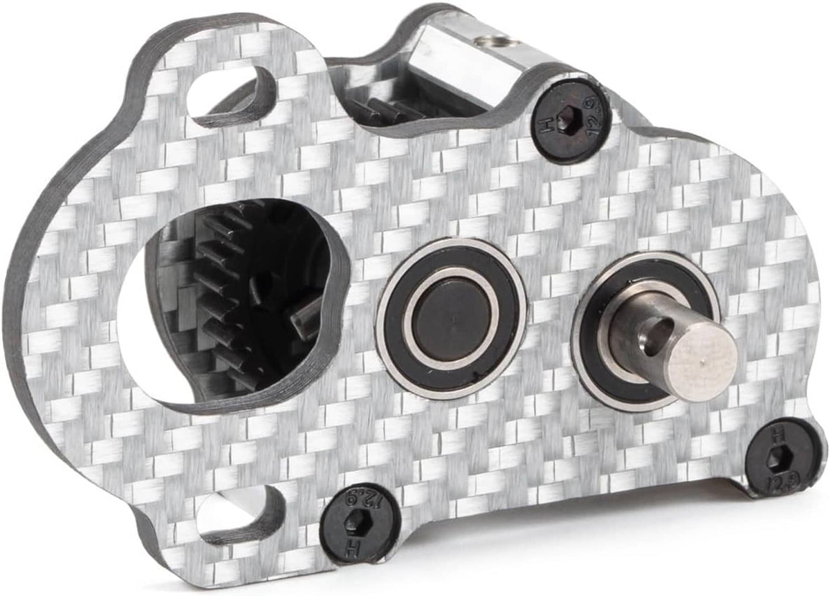 Carbon fiber portal transmission gearbox top view with bearing housings and side mount