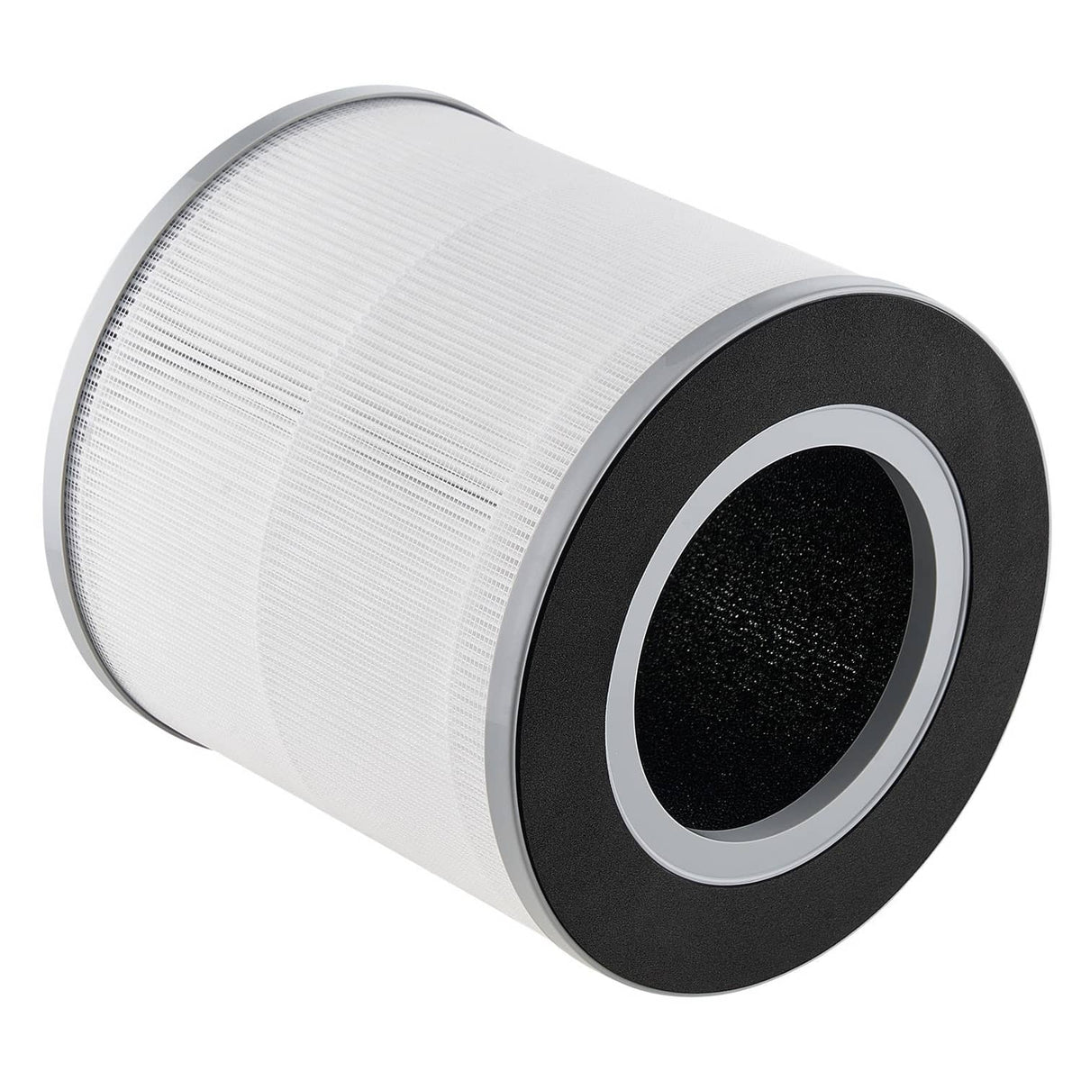 Cylindrical replacement air filter with white pleated body and black end ring