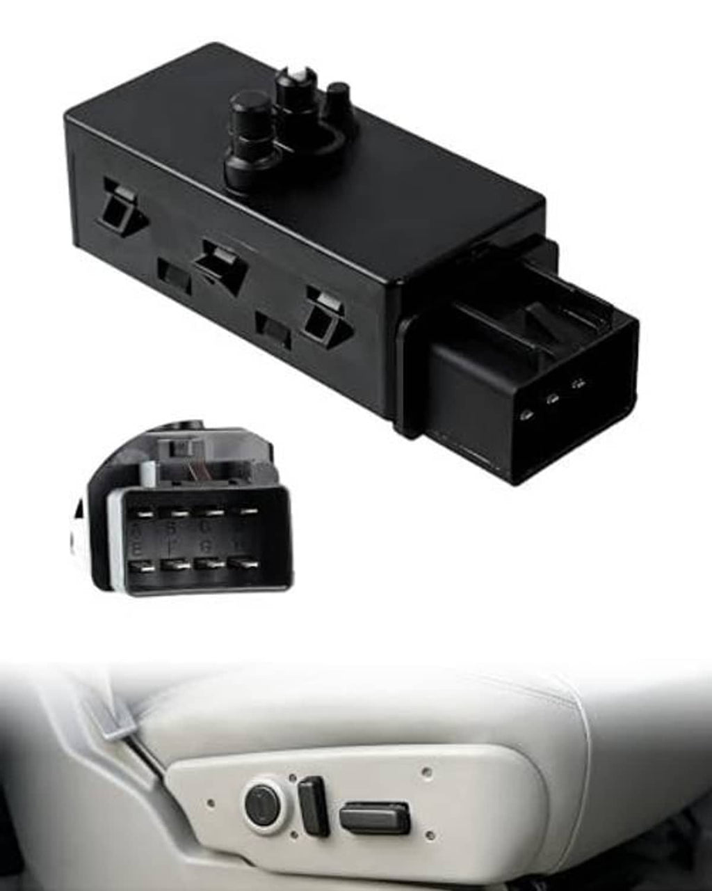Black power seat adjuster switch module with plug connectors and two raised buttons