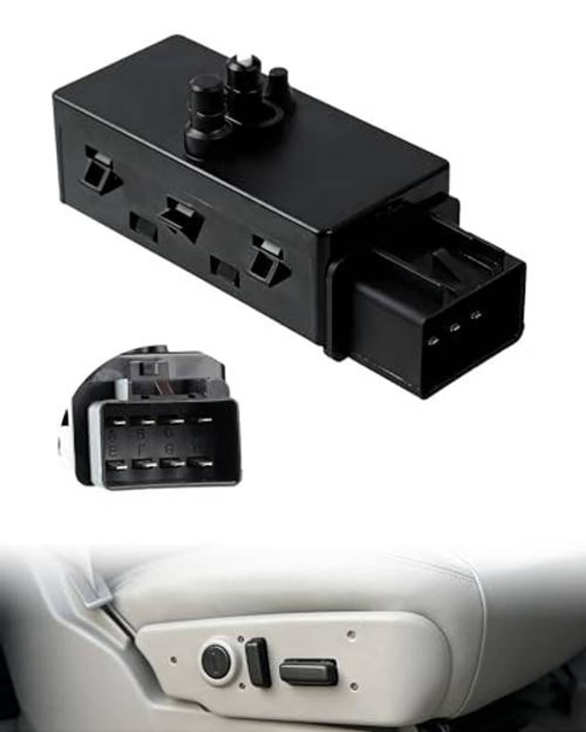 Black power seat adjuster switch module with plug connectors and two raised buttons