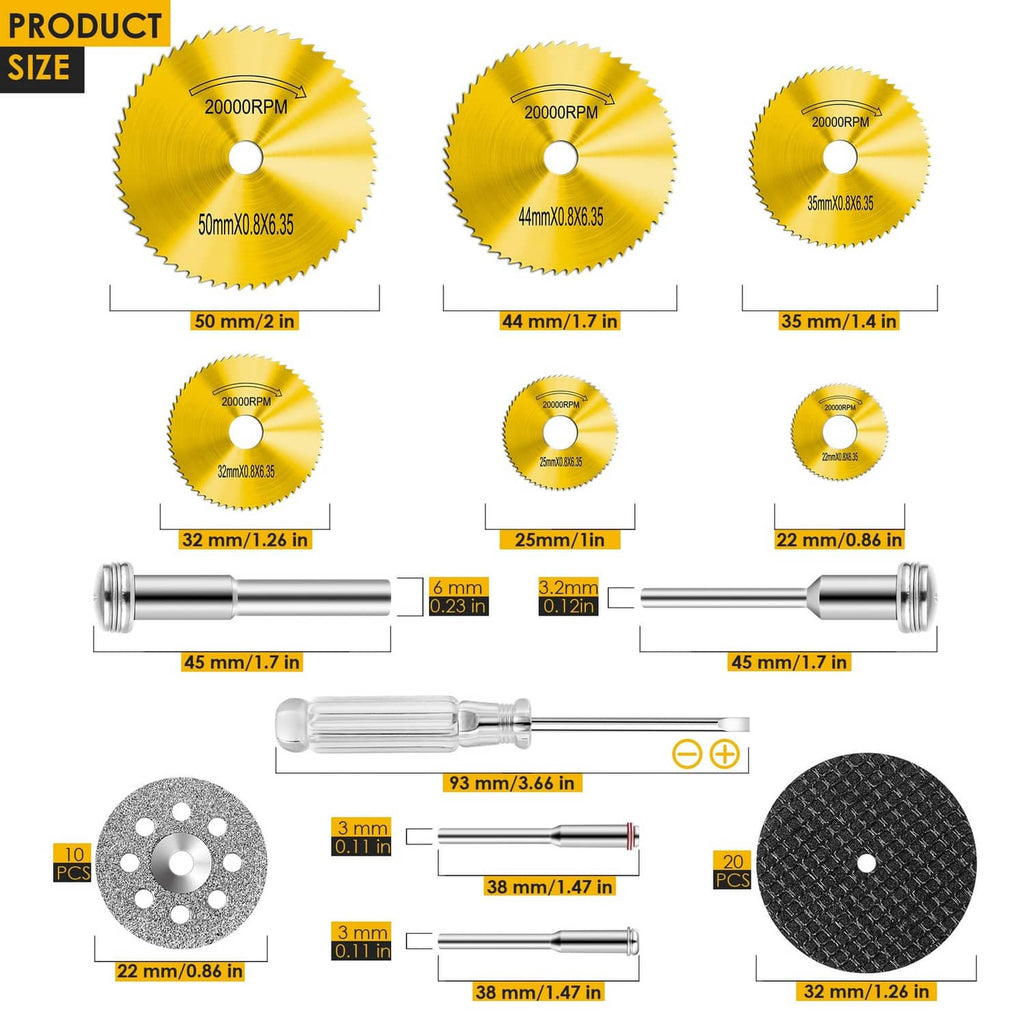 Assorted yellow cutting discs with sizes plus two mandrel shanks for rotary tools