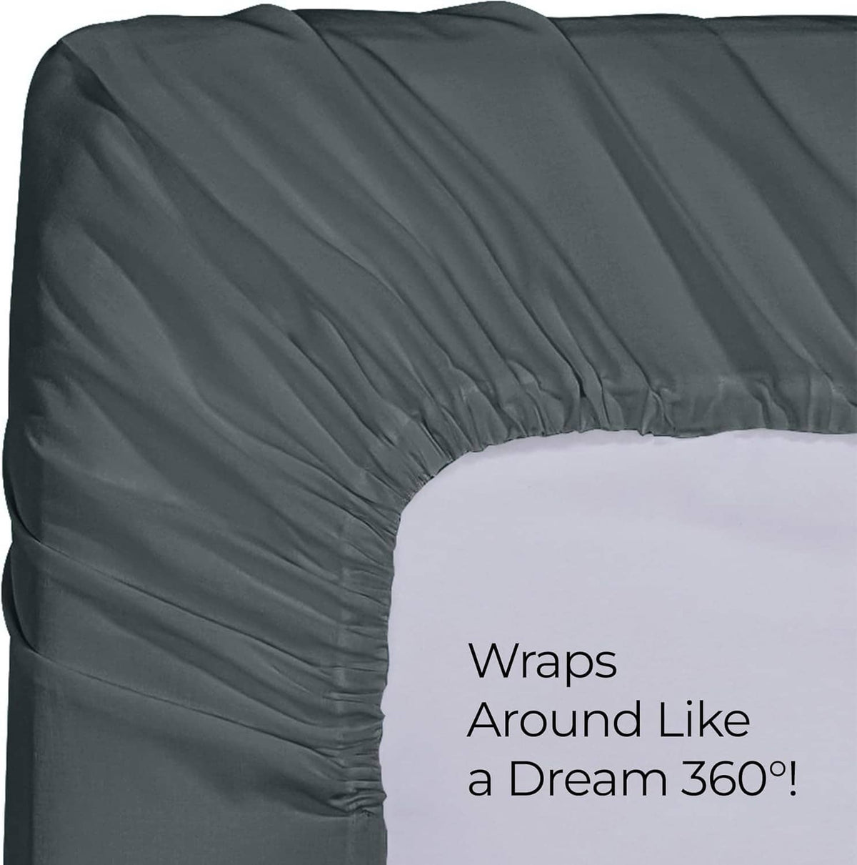 Dark gray fitted sheet corner with gathered elastic seam detail