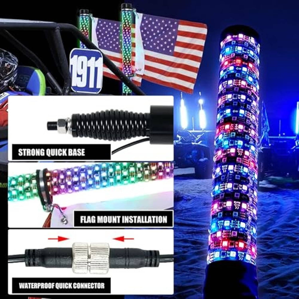 LED whip lights with quick-mount base and waterproof connector shown with installation steps.