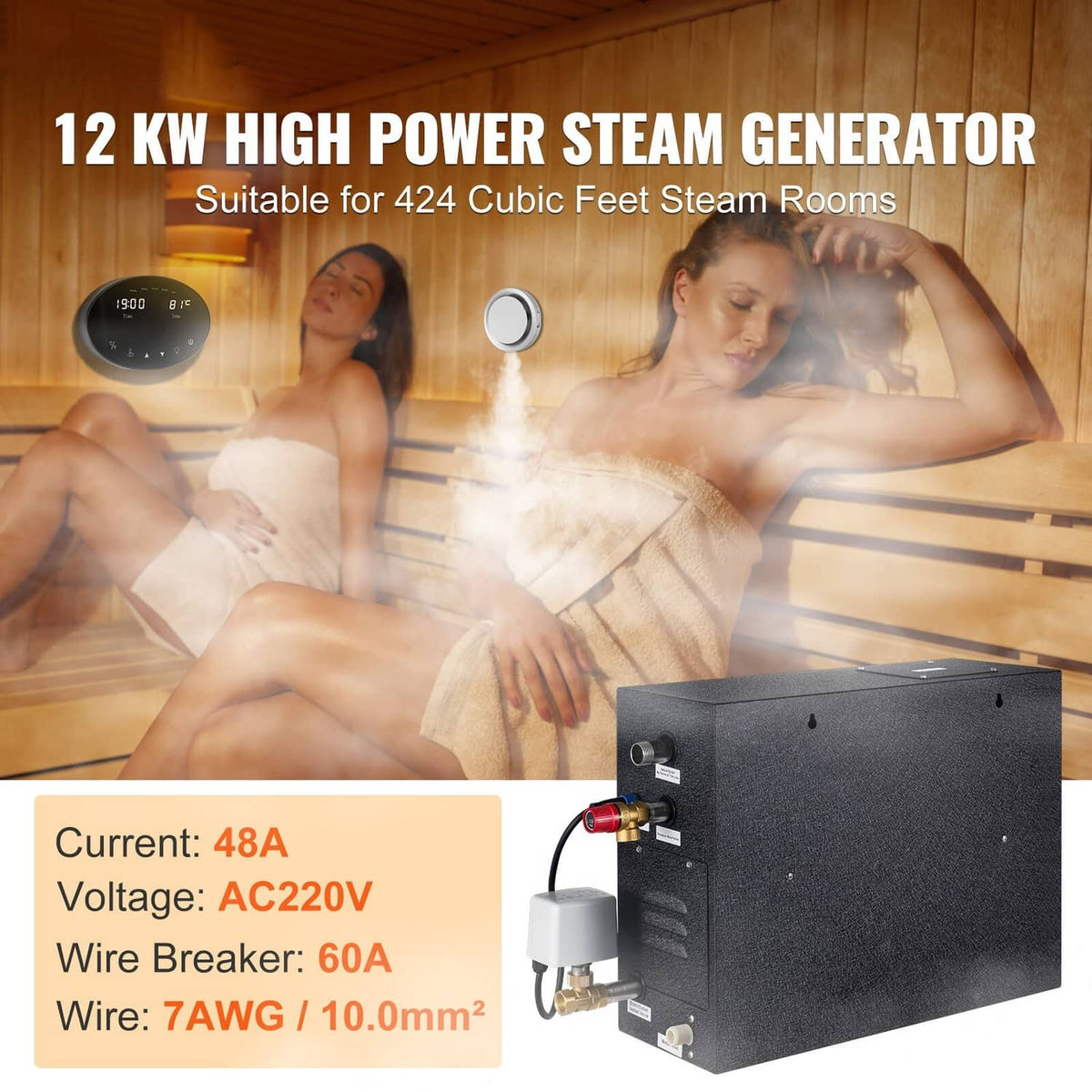 12 kW steam generator sauna unit with black body and connected control parts