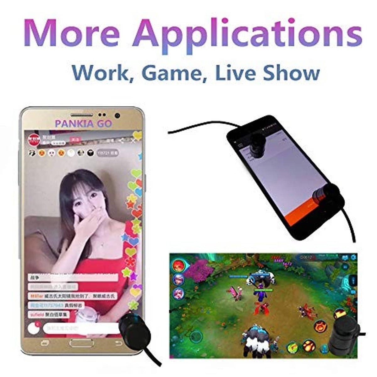 Phone-mounted auto clicker clamp with cable for mobile gaming use.