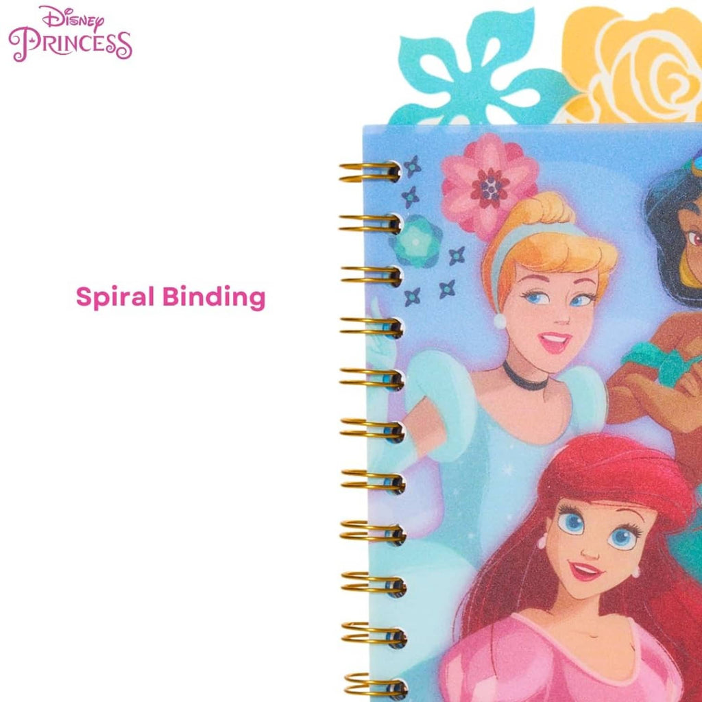 Disney Princess spiral binding notebook close-up with gold rings on blue princess cover
