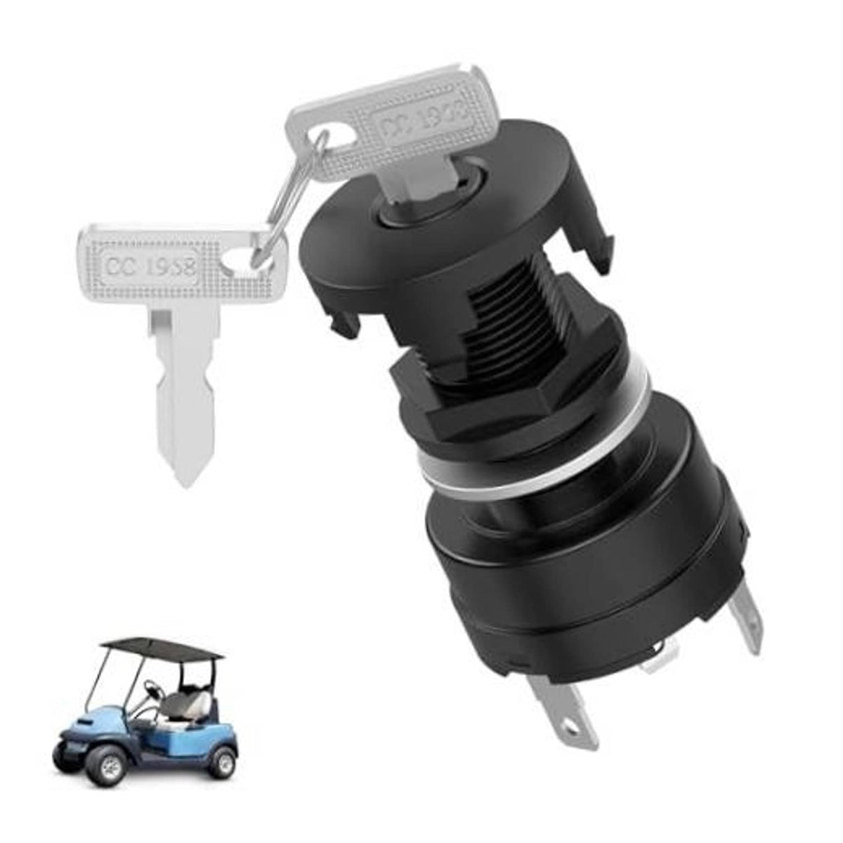 4-pin ignition key switch with two keys, black cylindrical housing and metal terminals