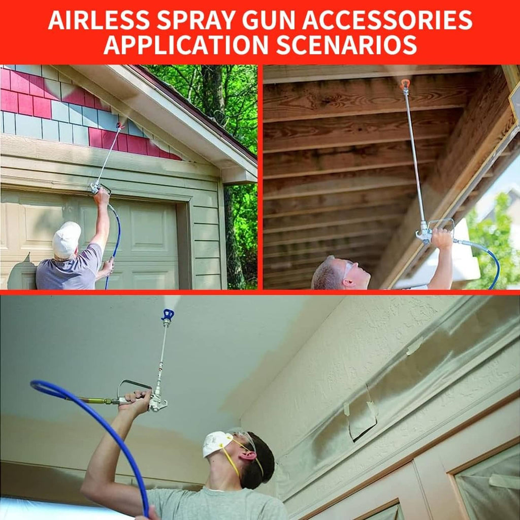 Airless paint sprayer gun with extension pole and hose for ceiling and wall spraying